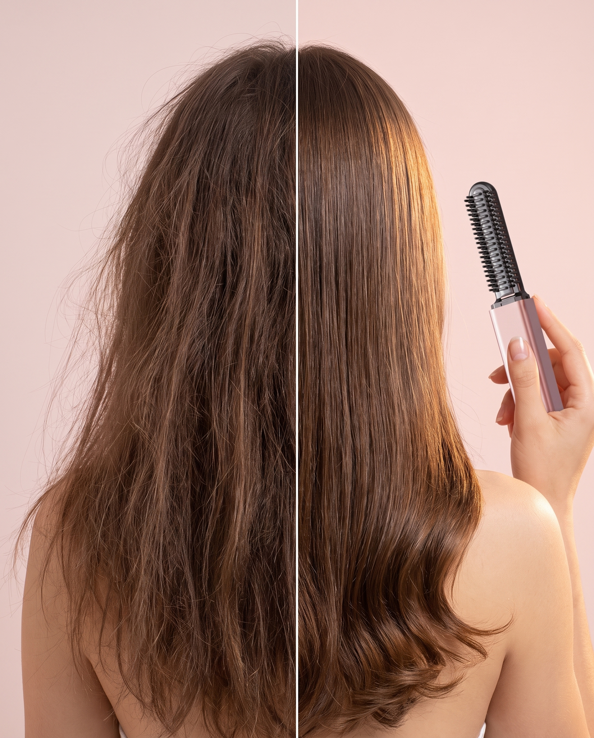 Before and after: frizzy hair to smooth, glossy hair